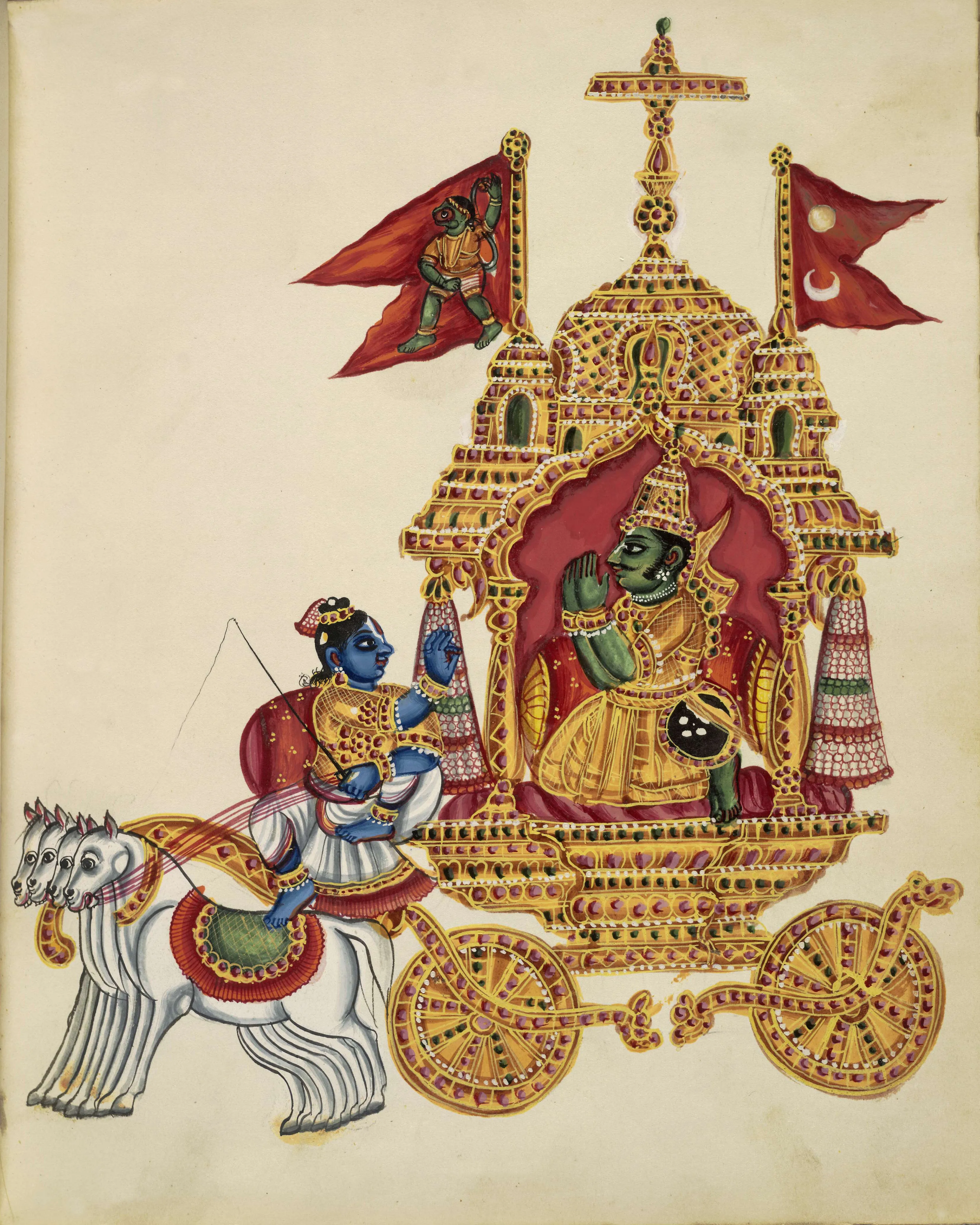 Krishna and Arjuna on the chariot, Krishna teaching the Bhagavad Gita, c. 1830.